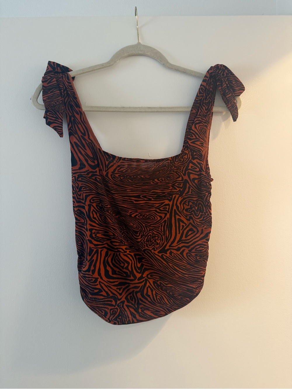 Free People Mesh Tie-Shoulder Top Rust Black Swirl Print Size L
